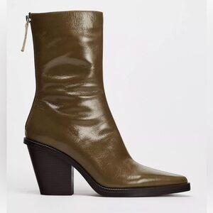 Zara Olive Green Leather Mid-Calf Heeled Bootie